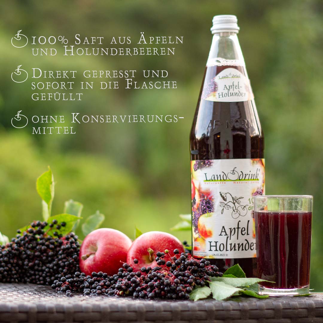 Apfelholundersaft mit Holler und Äpfeln